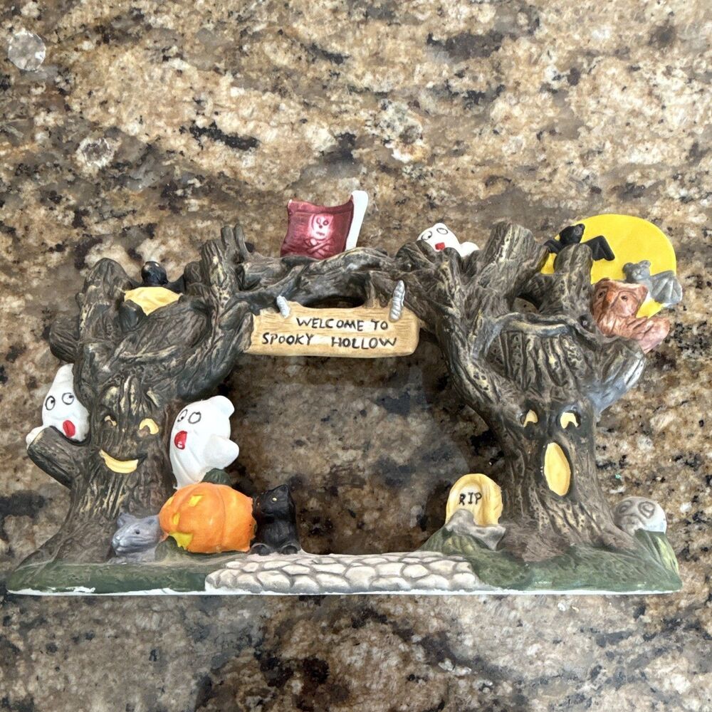 Halloween Spooky Hollow Tree Arch Figurine Ghosts Pumpkin Black Cat Gravestones